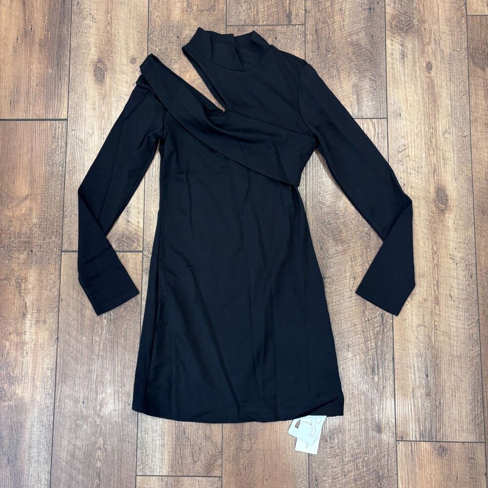 Commense Chic Mock Neck Oblique Cutout Rib Long Sleeve Short Dress Size M NWT - Picture 9 of 11
